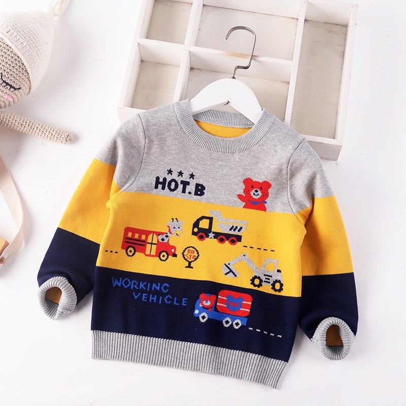 Áo len bé trai Quảng Châu cao cấp, len dày dặn 2 lớp, hoạ tiết cá tính bé trai yêu thích