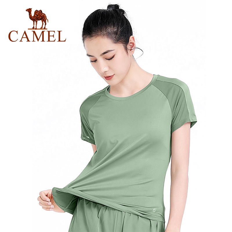 Áo CAMEL vải lụa băng tay ngắn khô nhanh phong cách thể thao yoga cho nữ