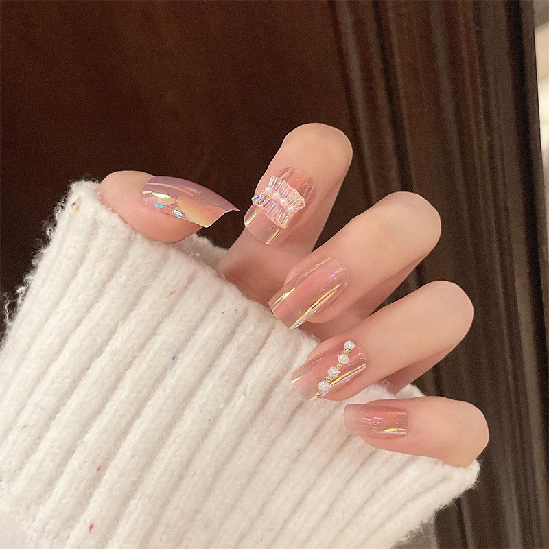 Set 24 móng tay giả tráng gương đính charm ngọc ánh kim đẹp lung linh NT01