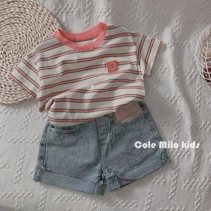 Áo Thun Tay Ngắn Cổ Tròn Bằng Vải Cotton Lanh Họa Tiết Kẻ Sọc Thời Trang Mùa Hè Thoải Mái Dễ Phối Đồ Cho Bé Trai Gái