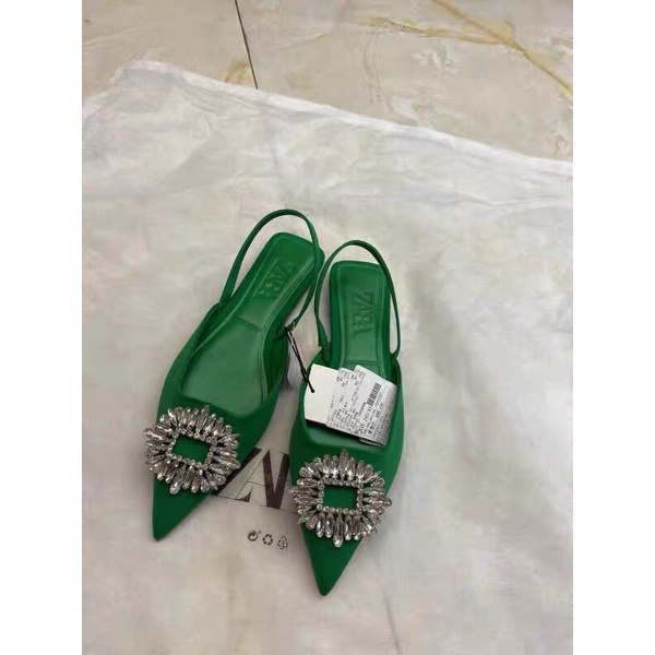GIÀY MULE ZARA GÓT THẤP XANH LÁ ĐÍNH ĐÁ LẤP LÁNH