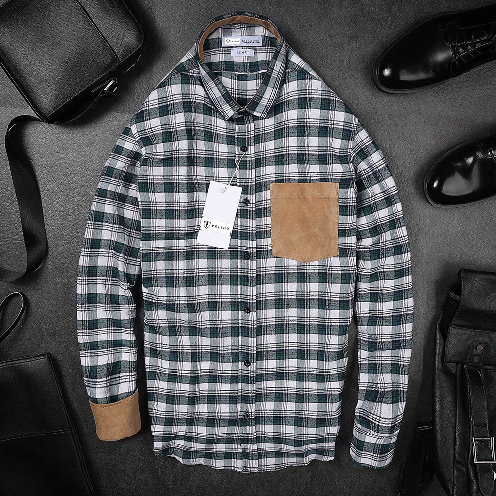 Áo Sơ Mi Nam Kẻ Caro POLIDO Phối Túi Da Ngực Màu Xanh Navy Chất Dạ Chống Xù | BigBuy360 - bigbuy360.vn