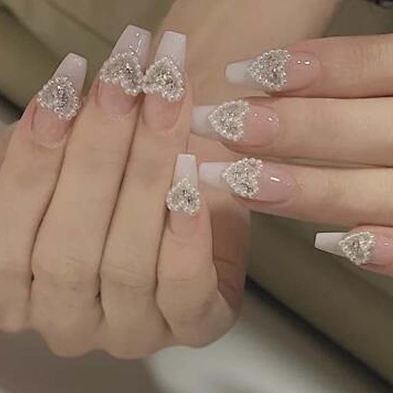 Bộ Móng Tay Giả Bằng Acrylic Màu Gradient Đính Nơ Và Ngọc Trai Xinh Xắn