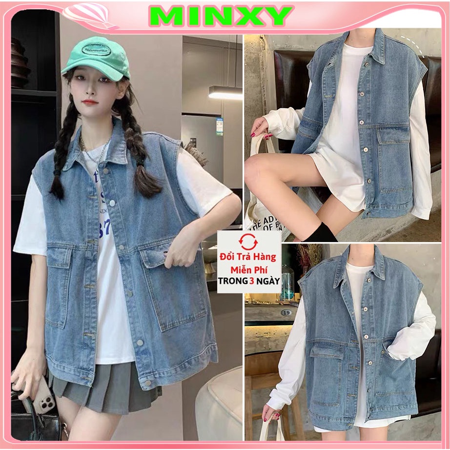 Áo gile jeans nữ,dile dáng hàn dáng dài freesize rộng dưới 65kg đẹp-Minxy shop