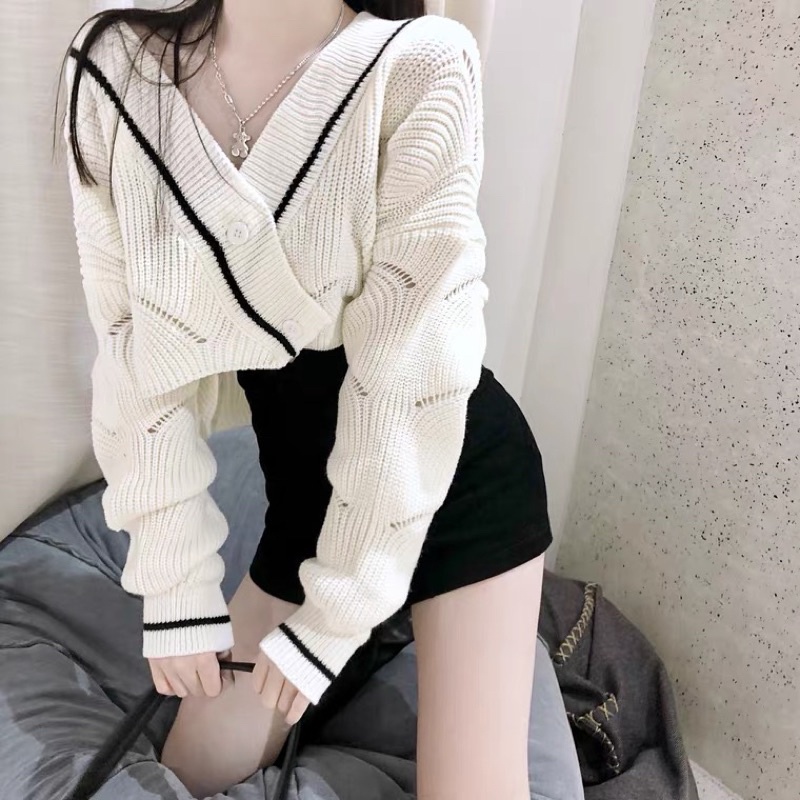 Áo len dệt kim mỏng cổ V dài tay croptop ( có ảnh thật ) #DHN275