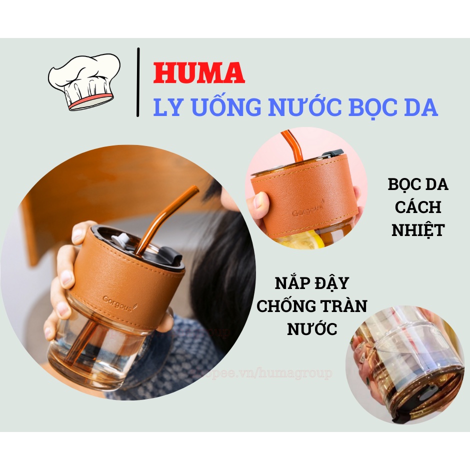 Ly Thủy Tinh Vỏ Da Có Nắm Kèm Ống Hút – Cốc Uống Nước Chịu Nhiệt Bọc Da 450ml