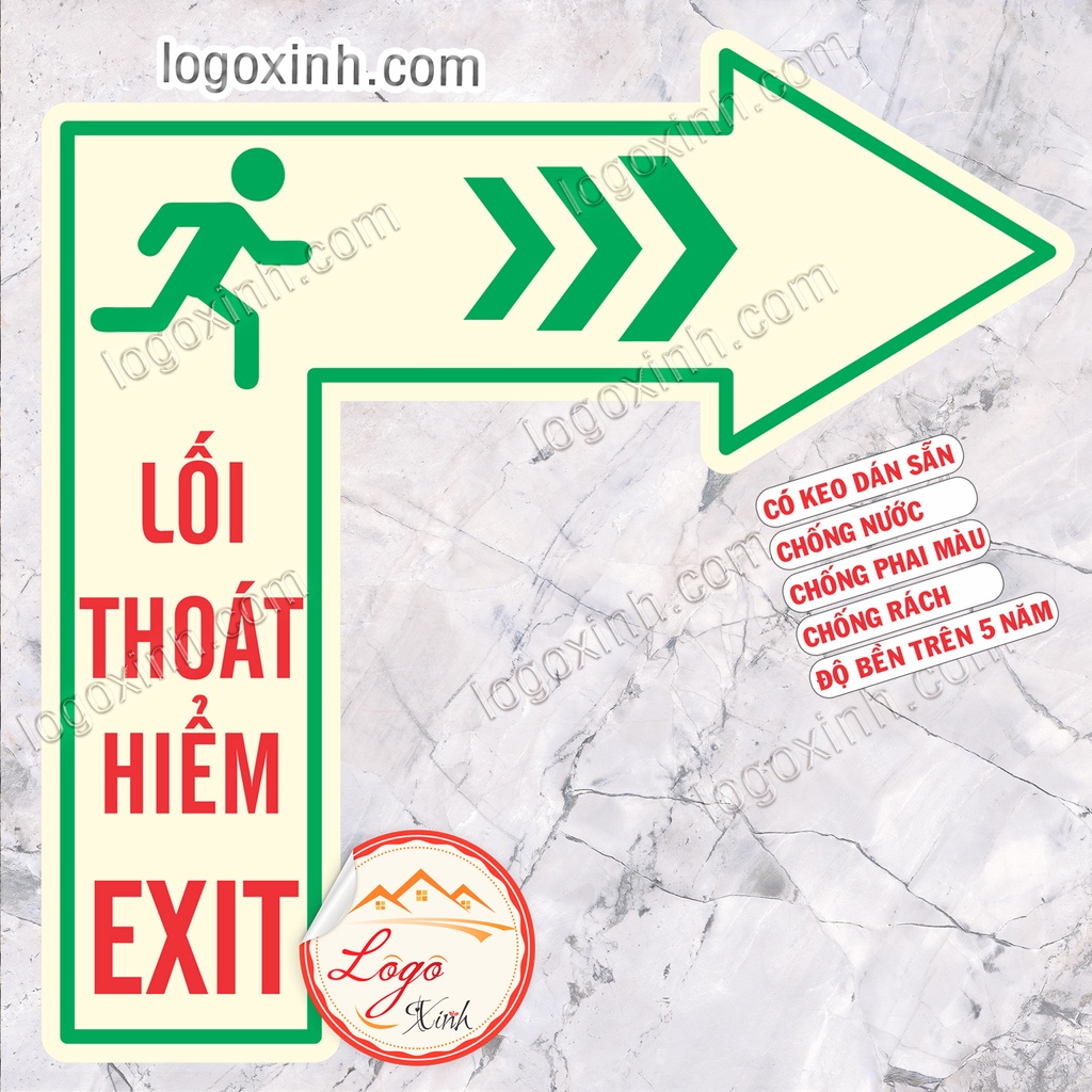 Logo sticker Mũi tên thoát hiểm dán trên nền, sàn nhà , mũi tên Exit chỉ hướng thoát hiểm, chống nước, chống phai màu