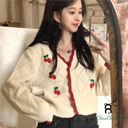 Áo Croptop Cardigan Len họa tiết quả Cherry Chất Len Dày Mịn Đẹp, phong cách retro hàn quốc