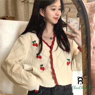 Áo Croptop Cardigan Len họa tiết quả Cherry Chất Len Dày Mịn Đẹp, phong cách retro hàn quốc