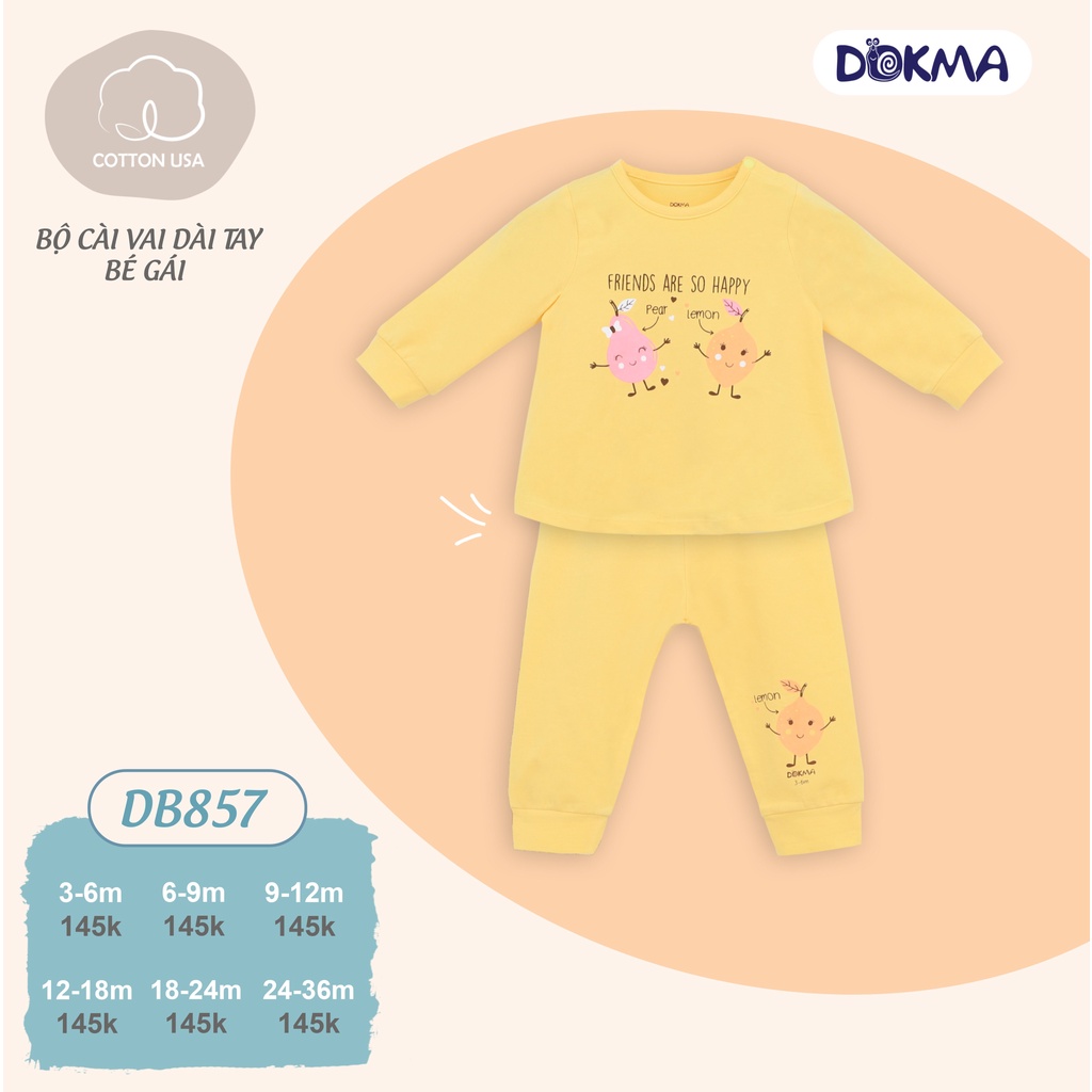 DB857 Bộ dài tay cài vai bé gái Dokma vải cotton mỏng (6-36M)