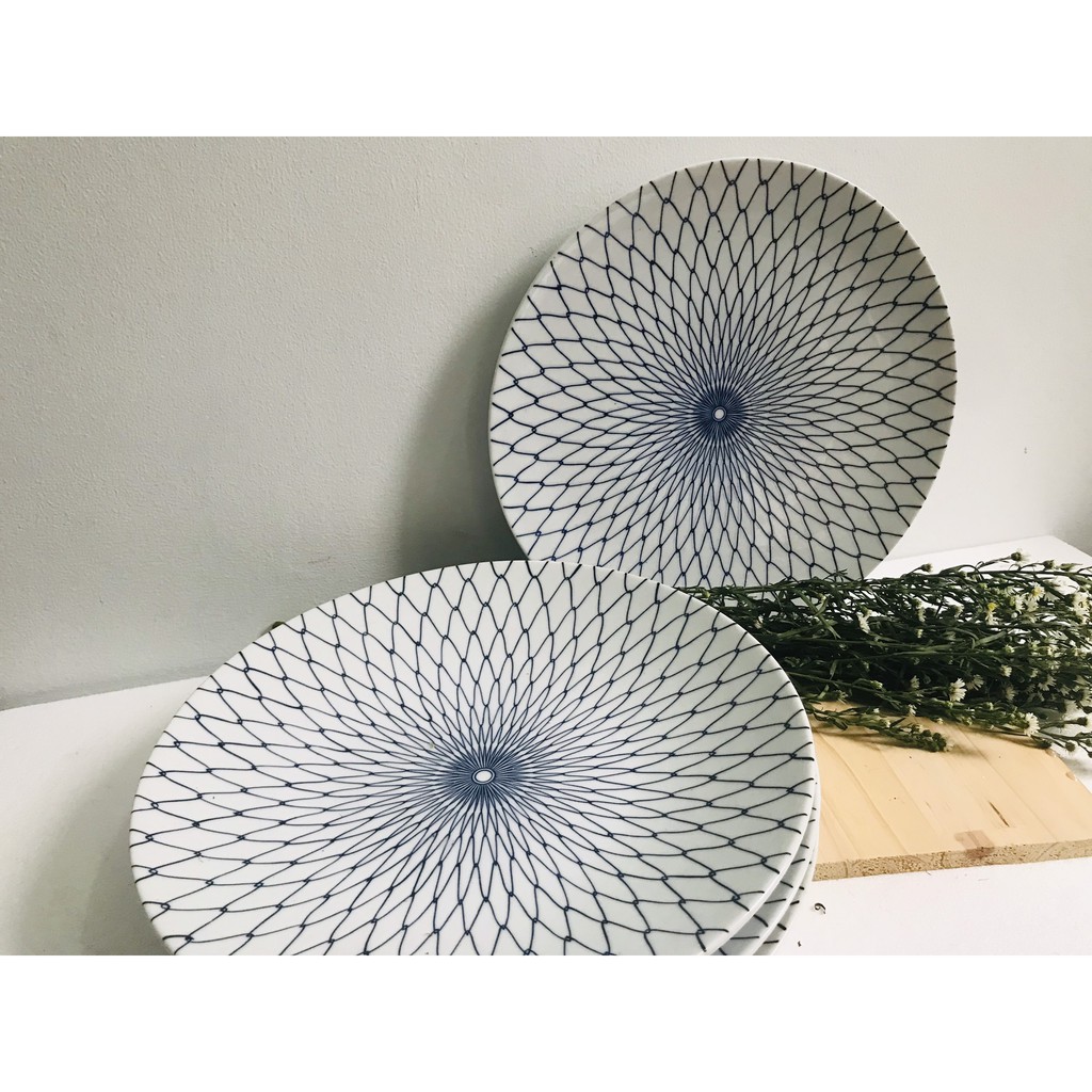 Set đĩa chén bình gốm sứ Nhật [SẴN HÀNG, GỐM NHẬT CHÍNH GỐC] họa tiết đường xanh