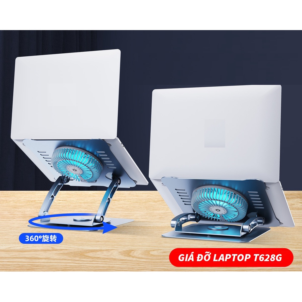 T628G Giá Đỡ Tản Nhiệt Laptop NhômCao Cấp  Chân Đế Xoay Tròn 360 Độ, Đèn Led Tản Nhiệt Tốc Độ Cao.