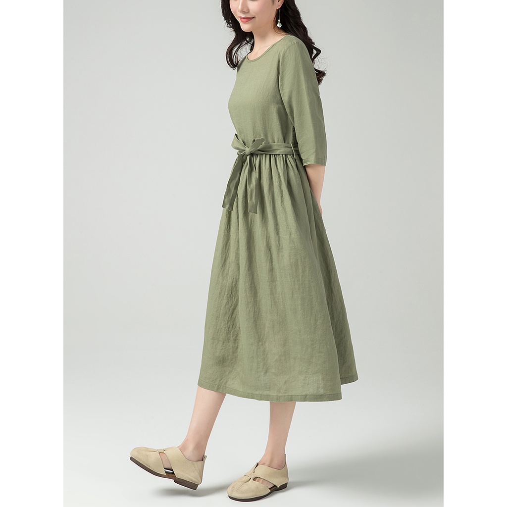 Đầm suông linen tay lỡ cổ tròn kèm đài rời, chất linen mềm mát, thời trang phong cách Hàn Quốc