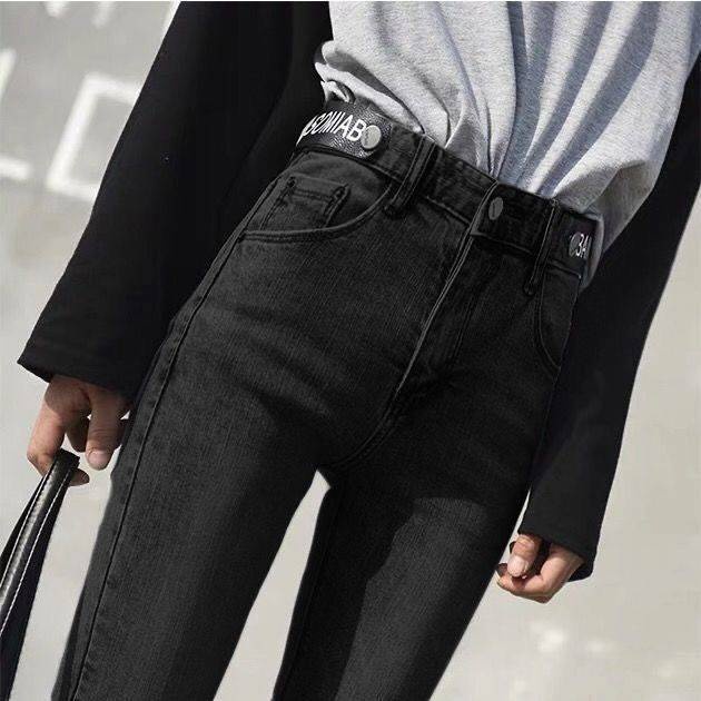 Quần skinny jean màu đen lưng cao co giãn thời trang xuân hè cho nữ