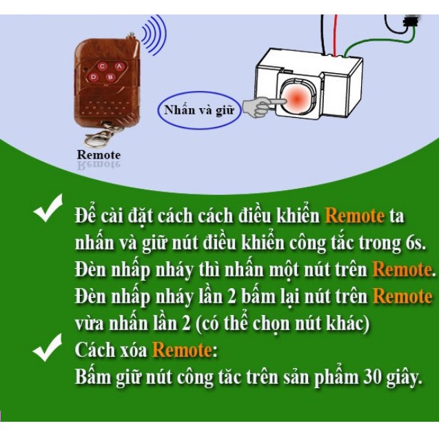 Bộ 2 Công tắc 01 remote điều khiển từ xa RF 433Mhz - TPE RC1S - 220VAC, 1000W