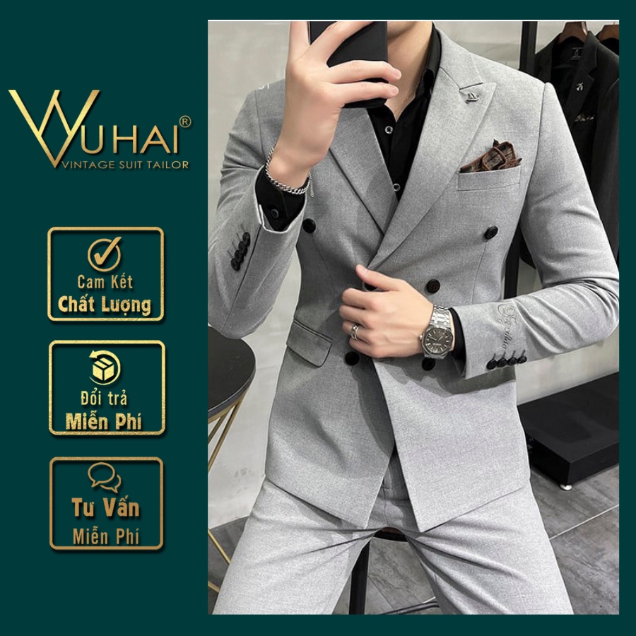 Vest Nam đẹp 6 cúc màu ghi xám, Áo Blazer nam phong cách Hàn Quốc M033