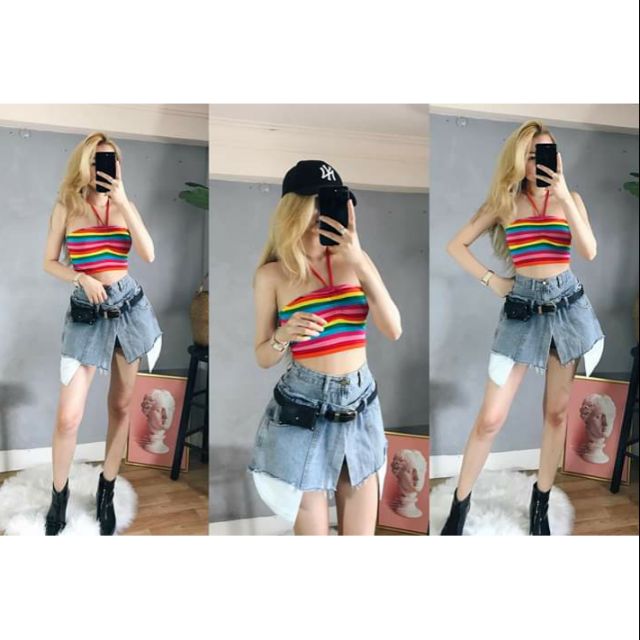 Áo croptop cầu vòng cổ yếm [ Sẵn ]