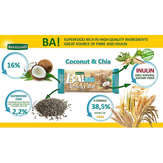 [FLASH SALE] Thanh ngũ cốc hạt chia, dừa Bakalland sản xuất Ba Lan 180g 6 thanh