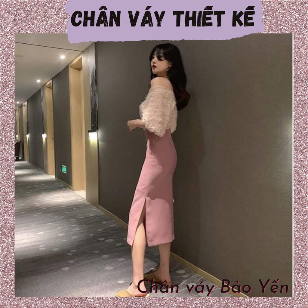 Chân váy dài xẻ sườn màu hồng phấn dài 70cm- M74