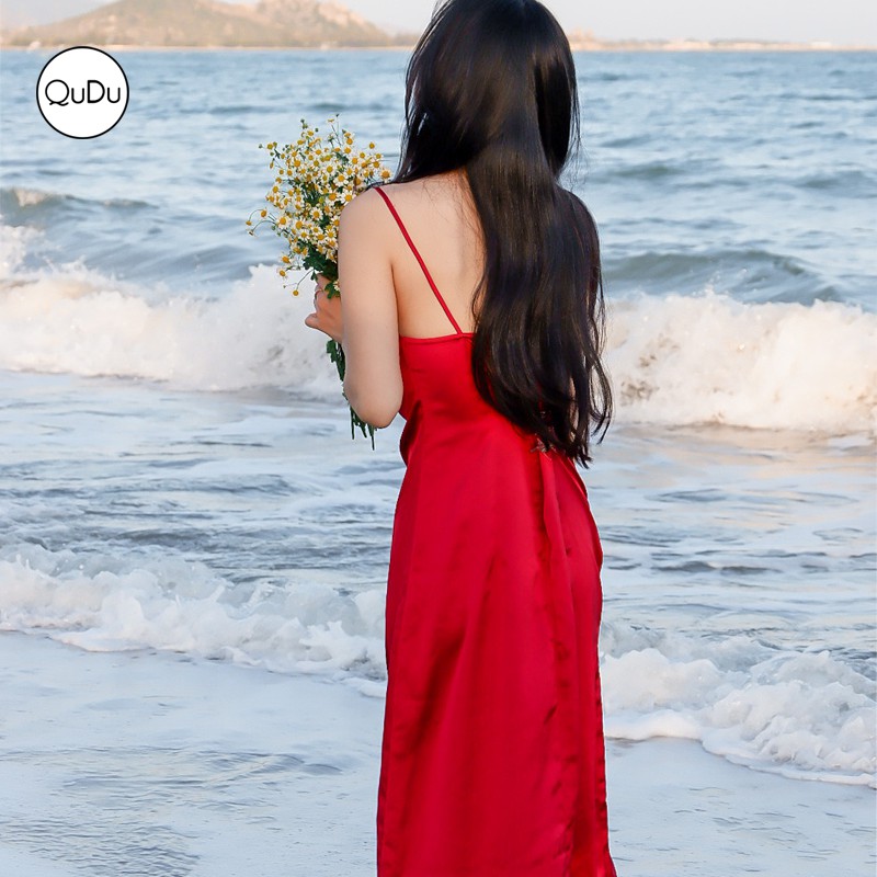 Đầm Lụa Hai Dây QuDu 🔥Đầm Cổ Đổ Dài Màu Đen Đỏ Trơn Xẻ Tà Dáng Suông Hở Lưng Đi Biển Mùa Hè 2021