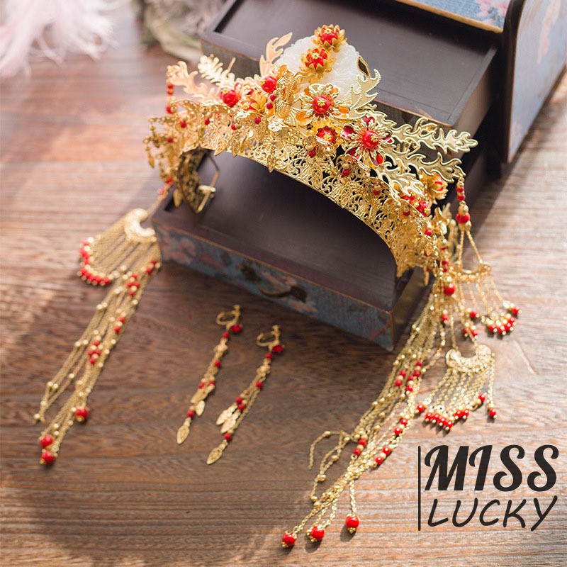 New Bride's Headwear Golden Costume Headdress Chinese Phoenix Coronet Hair Ornament Cheongsam Dress Tiara