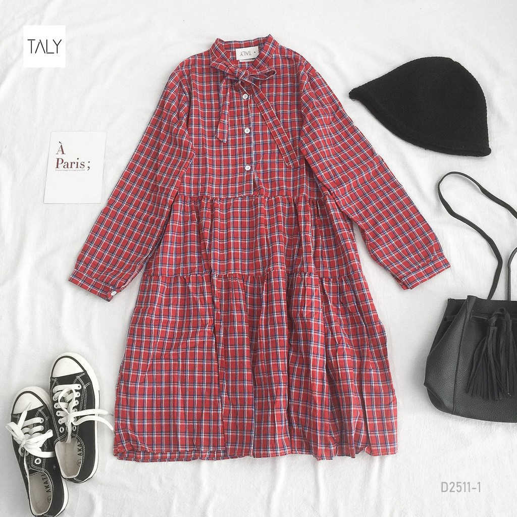 [Mã FAGREAT1505 giảm 8% tối đa 50K đơn 250K] Đầm caro thắt nơ cổ TALY D2511 | BigBuy360 - bigbuy360.vn