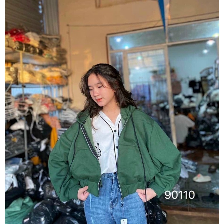 Áo khoác nỉ ngoại có nón khoá kéo cao cấp form cánh dơi croptop - C2A