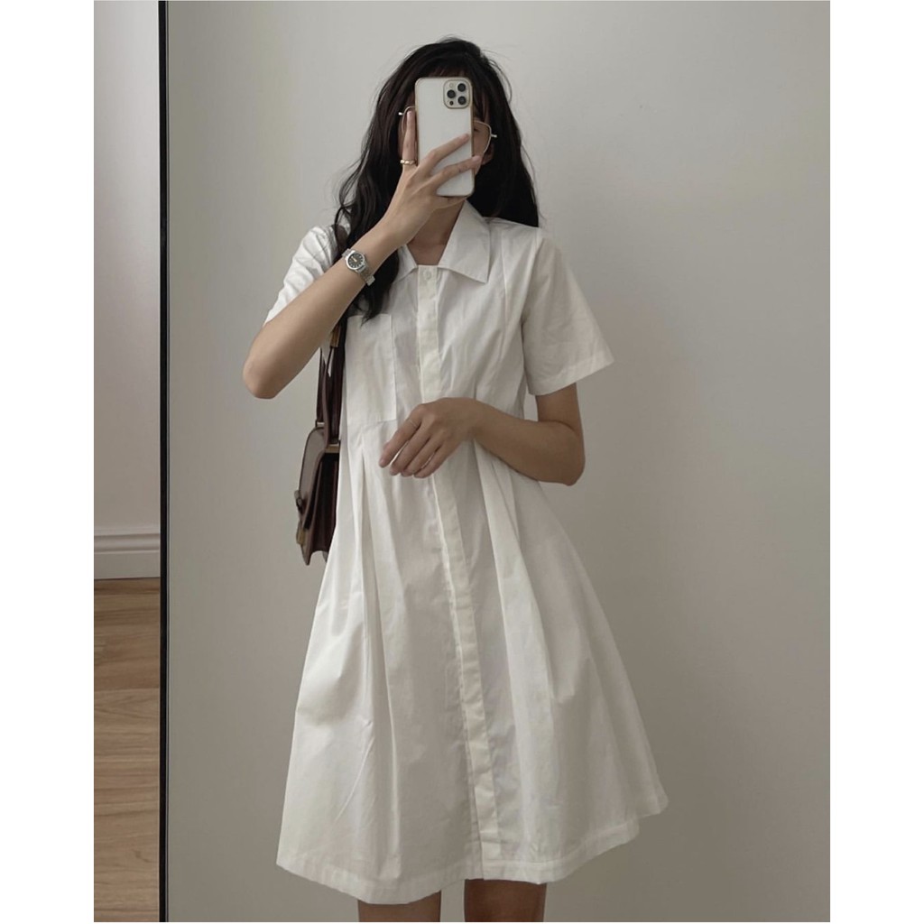 Đầm/Váy sơ mi thô dáng chữ A có túi ngực