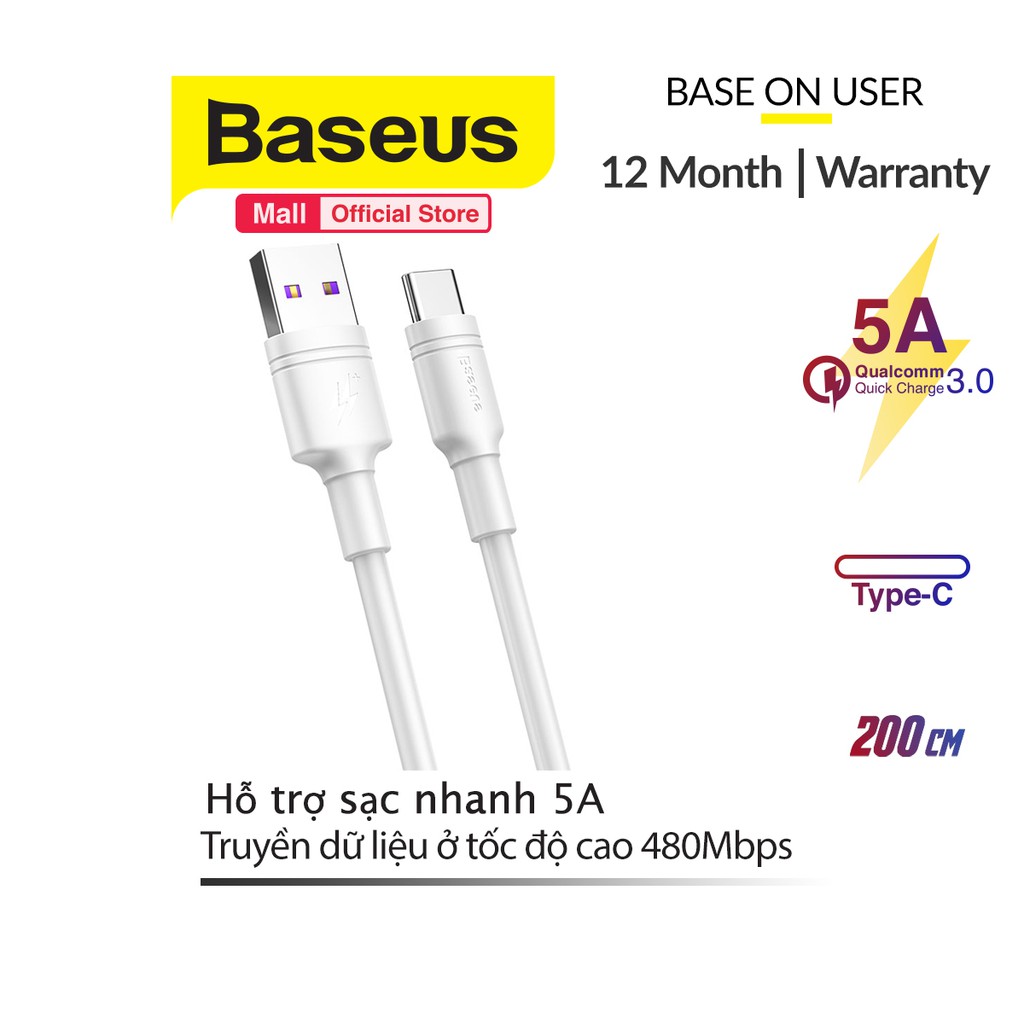 Cáp sạc Baseus Double Ring Usb to Type-C, hỗ trợ sạc nhanh 5A và truyền dữ liệu tốc độ cao 480Mbps dài 50/100/200cm
