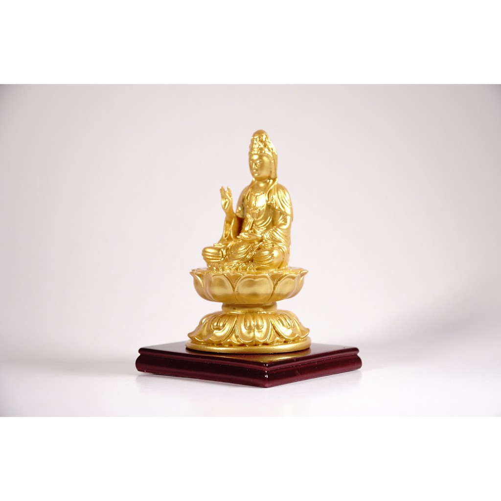 Tượng Quan Âm Bồ Tát ngồi tòa sen có đế nhũ vàng - Cao 12cm