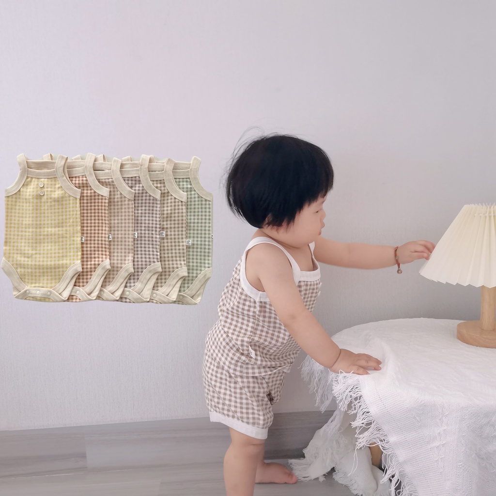 Áo Liền Quần Không Tay Chất Liệu Cotton Họa Tiết Sọc Caro Thời Trang Mùa Hè Cho Bé