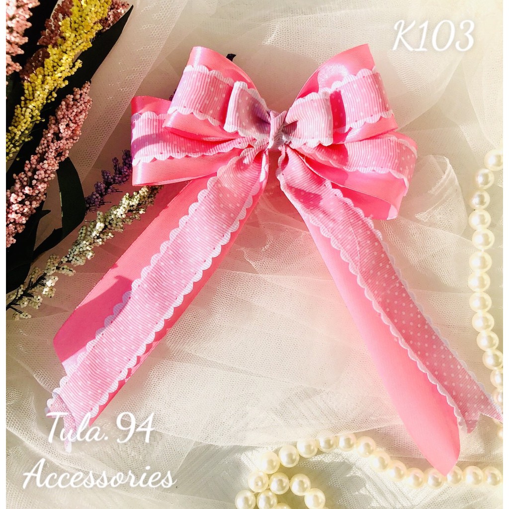 Bộ buộc, kẹp nơ hồng chấm bi cho cả gia đình