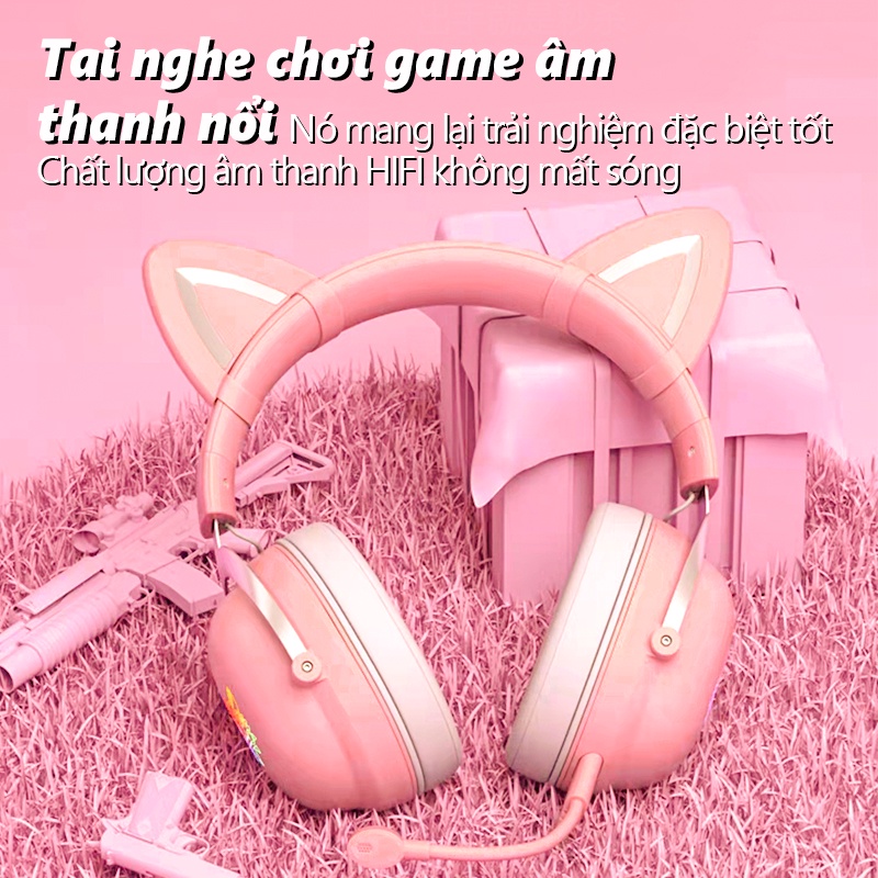 ONIKUMA X11 tai nghe chơi game chụp tai màu hồng với tai mèo có thể tháo rời dành cho PS5, PS4, Xbox