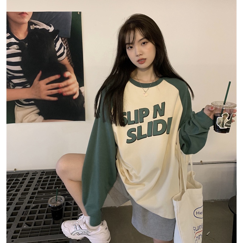 Ethelgirl Áo Thun Tay Dài Dáng Rộng Rãi Hoạ Tiết In Chữ Phong Cách Hàn Quốc Thời Trang Có 2 Màu Tùy Chọn Sành Điệu Cho Nữ