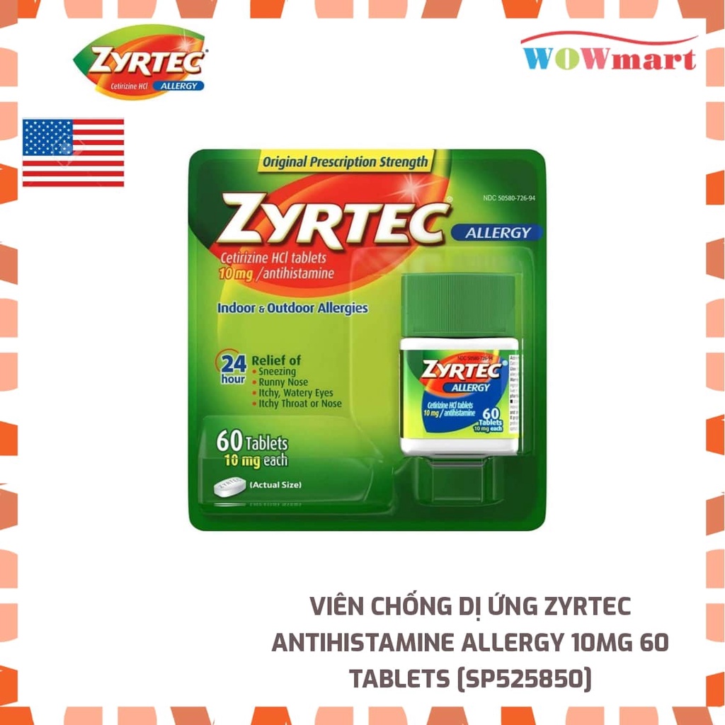 Viên chống dị ứng Zyrtec Antihistamine Allergy 10mg 60 Tablets