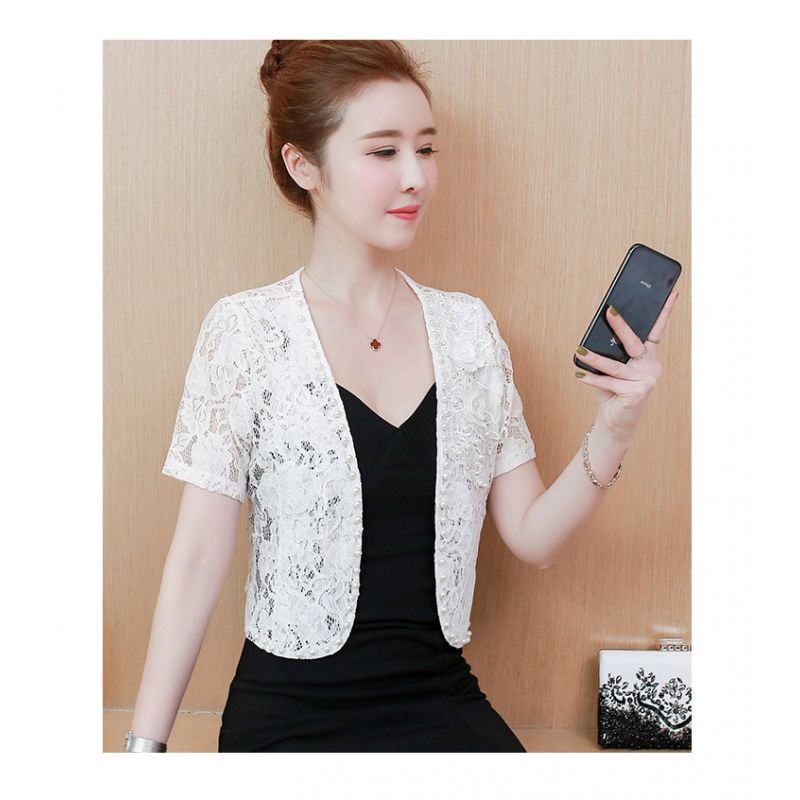 Áo khoác Cardigan ngắn tay phối khóa kéo màu trắng thanh lịch phong cách Hàn Quốc cho nữ