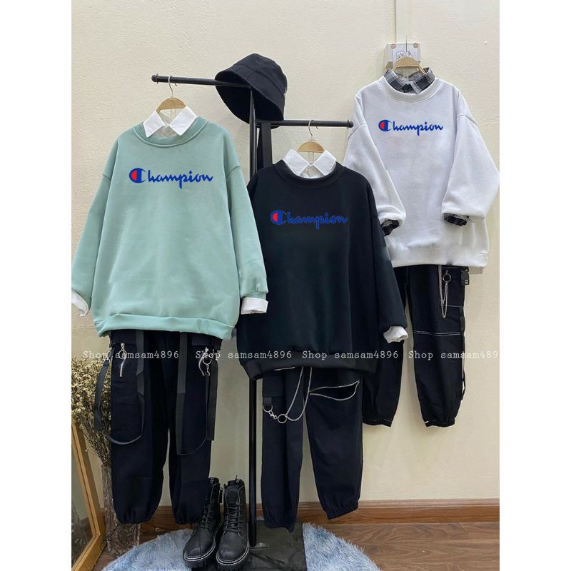 Áo Nỉ Thu đông ChamPionSweater cổ tròn dài tay bồng, thun hoodie form rộng UlzzangChất Nỉ Bông Đẹp Không Bai