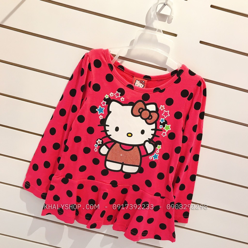 Áo tay dài trẻ em hình mèo Hello Kitty màu hồng đậm chấm bi đen cho bé gái 4 tuổi (Mỹ US-UK) - ATTDKT02