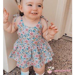 Bộ Áo Liền Quần Hai Dây In Hoa + Băng Đô Thời Trang Mùa Hè Cho Bé Gái