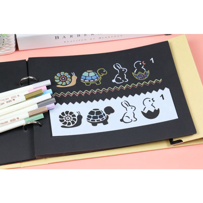 Bộ 8 khuôn vẽ tranh tô màu  hình con vật, hoa lá, nhân vật hoạt hình, xe cộ... Khuôn phun sơn trang trí DIY