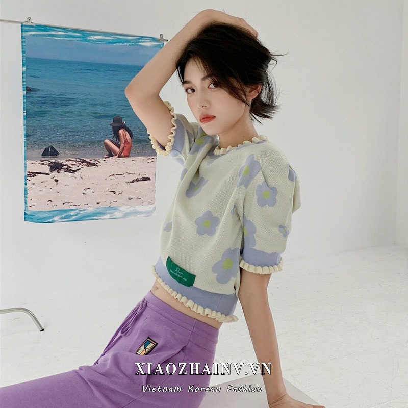 Xiaozhainv Áo Croptop Dệt Kim Ngắn Tay In Hoa Độc Đáo Thời Trang Mùa Hè Cho Nữ