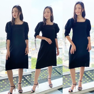 Đầm suông tay phồng rút dây, cổ ren thời trang kiểu dáng sang trọng, dài qua gối, chất liệu thun dày, không sợ lộ bụng
