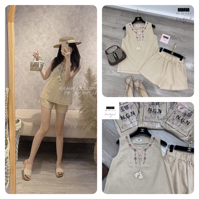 Set đũi sát nách Bộ đũi xước cổ thêu hoa quần sooc đùi màu nâu be