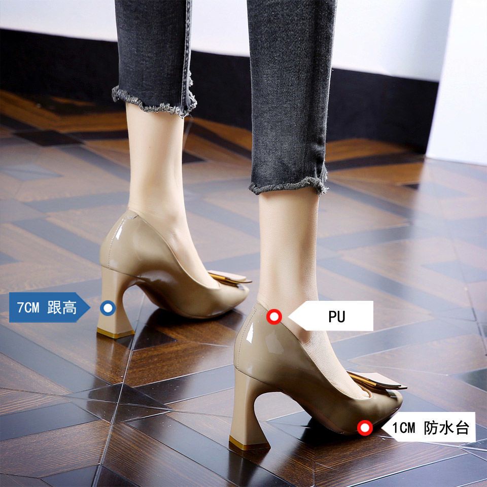 Giày Gót Dày Mũi Tròn Bằng Da Bóng Phối Khóa Kim Loại Thời Trang Công Sở Mùa Thu 22 Cho Nữ