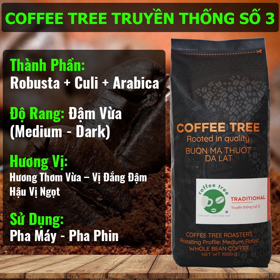 Cà phê Truyền Thống Số 3, Cafe Rang xay Nguyên chất Đậm vừa Medium, Robusta & Arabica - COFFEE TREE