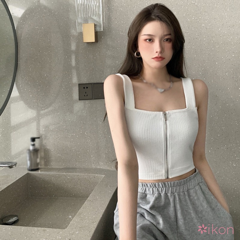 Áo Dệt Kim Hai Dây Dáng Ôm Màu Sắc Đơn Giản Có Khóa Kéo Thời Trang