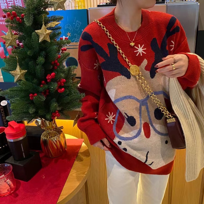 Áo Sweater Dáng Rộng Dày Dặn Màu Đỏ Retro Nhật Bản Giáng Sinh Phiên Bản Hàn Quốc Năm 2021 Cho Nữ
