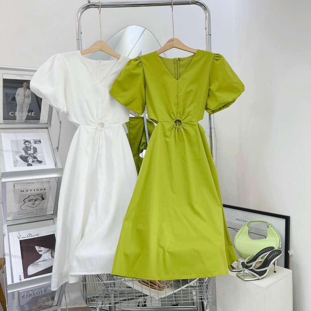 Đầm Maxi Nữ Khoét Eo Tay Bồng - Hàng Thiết Kế - Hàng Hot Trend, 2 màu Xanh bơ - Trắng