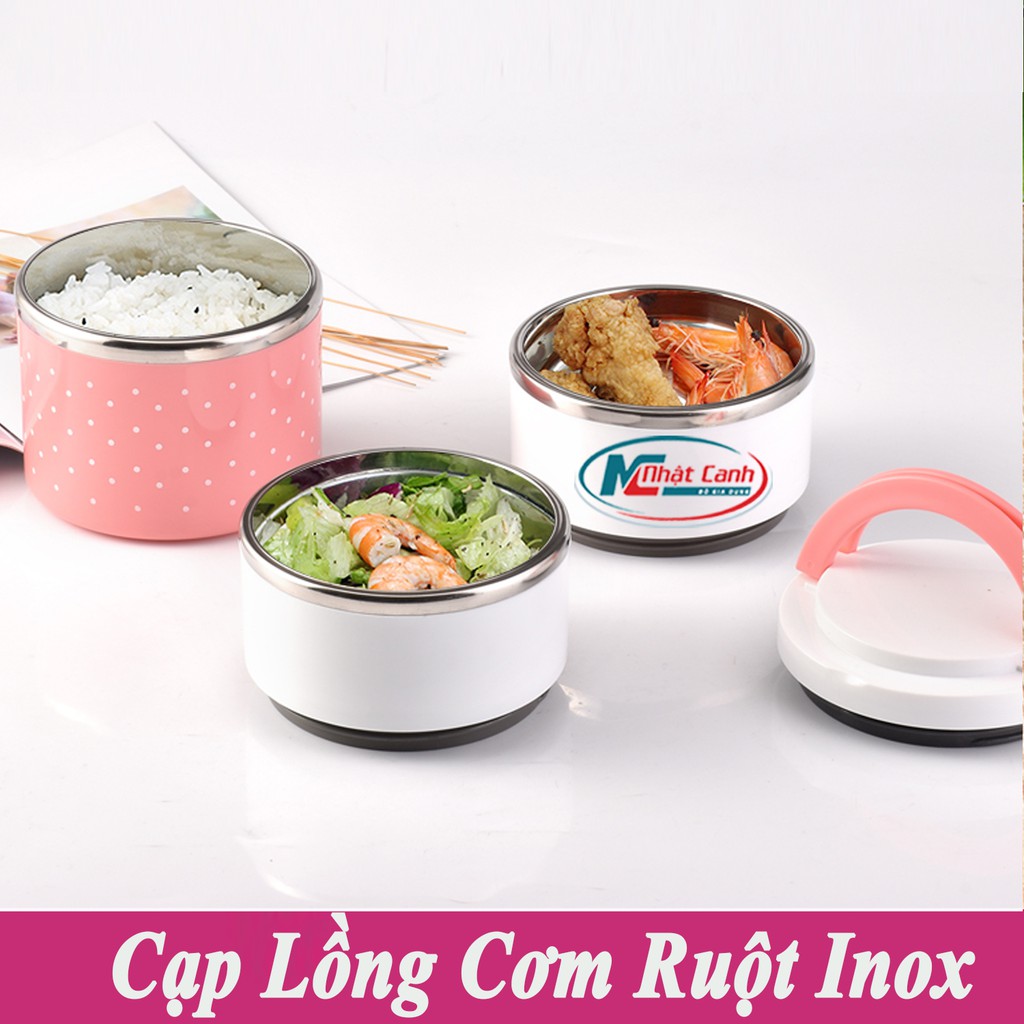  Cạp lồng đựng cơm ruột bằng inox vỏ nhựa chấm bi giữ nhiệt, cách nhiệt 1T,2T,3T