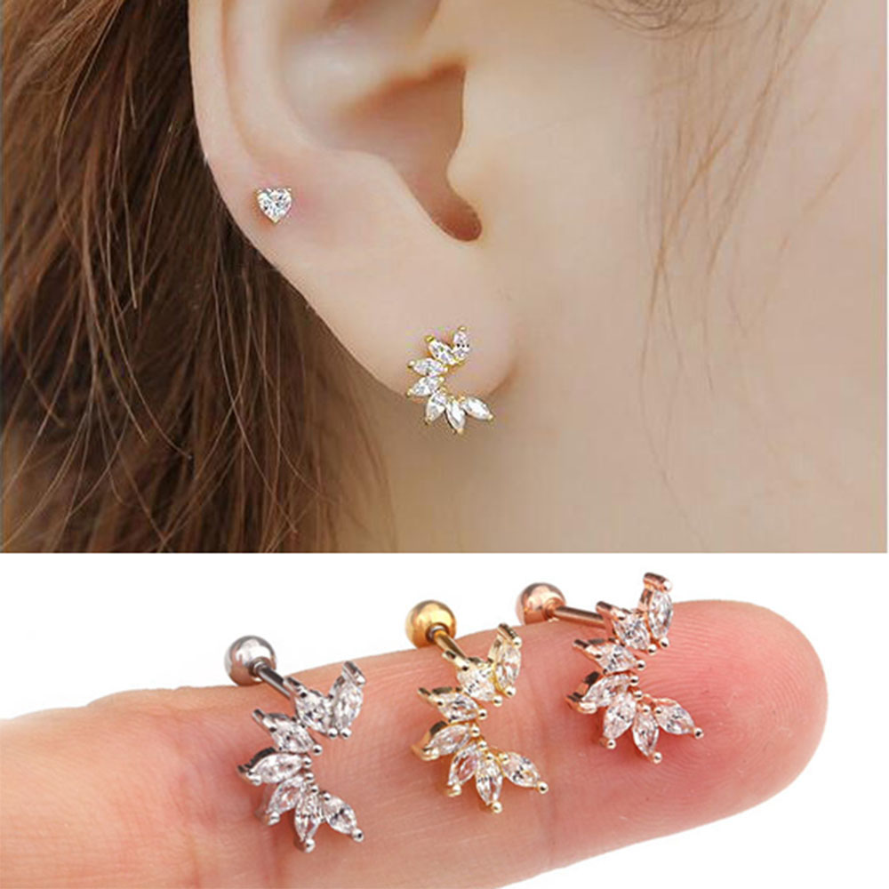 BLISS Stainless Steel Ear Stud Women Piercing Jewelry Earring 1pc Screw Back Cartilage Tragus Helix Body Pierce Zircon Fashion Accessories/Multicolor